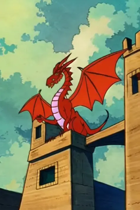 dragon, wide_shot, solo, wings, castle, cloudy_sky, day