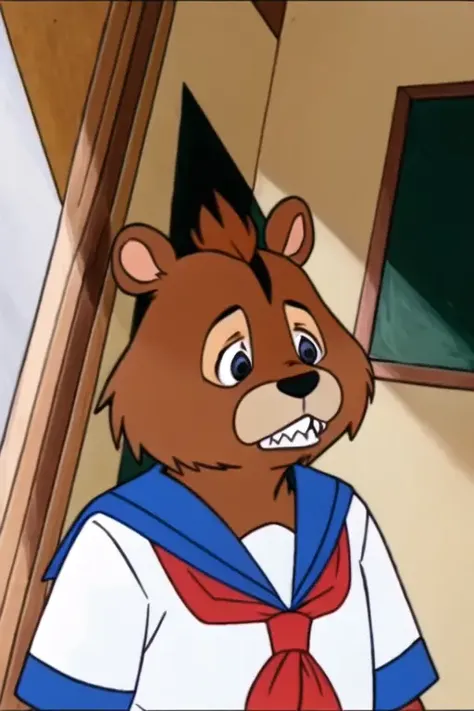 chipmunk, upper_body, sideways, no_humans, black_eyes, sad, mohawk, school_uniform, sailor_collar, solo, sharp_teeth, indoors