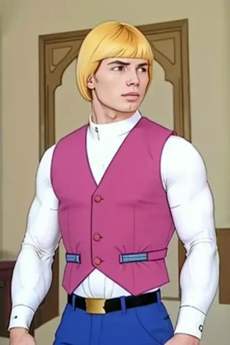 1boy, from_below, looking_to_the_side, bangs, muscular, blonde_hair, pink vest, long_sleeves, male_focus, pov_hands, short_hair, belt, palace