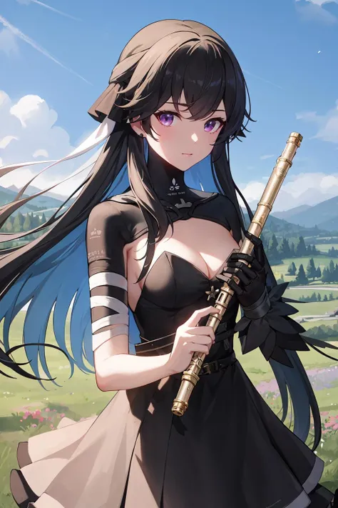 best quality, masterpiece,<lora:SelenaPGR:0.7>selenaPGR, black dress, mechanical collar, black footwear, two-tone long hair, floating hair, detached sleeve, bandaged arm, mechanical arm, playing white flute, looking at viewer, flowers, horizon, field, cloudy sky, mountain, painting background, upper body,