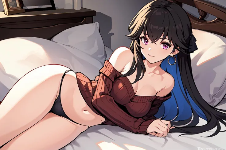 best quality, masterpiece, <lora:SelenaPGR:0.7>selenaPGR, two-tone long hair, midriff, off shoulder, collarbone, crimson sweater, lying, on side, on bed, arm support, black panties, looking at viewer, smile, <lora:optionaltypo:0.7>optionaltypo,