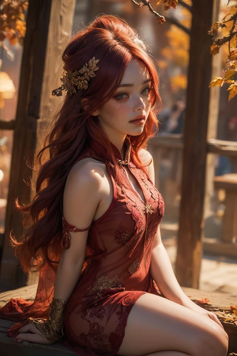 (medium breasts:1.3), <lora:ClothingAdjuster2:-0.35>,  <lora:Chinese erotic underwear:0.95>, (underwear:1.2),(panties:1.2),(see-through:1.2),(red underwear:1.2),(chinese clothes:1.2), <lora:detail_slider_v4:2>, <lora:weight_slider_v2:0.5>, <lora:litlights:0.1>, <lora:epi_noiseoffset2:0.6>, (masterpiece, best quality:1.3), (beautiful, aesthetic, perfect, delicate, intricate:1.2), (cute, adorable), (depth of field:1.2), (1girl, solo), colorful, vivid colors, perfect female form, perfect face,
(best quality, masterpiece, detailed, sensual, front view), (kneeling:1.1), (warm lighting:1.3), (red hair:1.4), playful smirk, lively eyes, (autumn theme:1.2), (freckles, lips parted, lustful expression, flusterd, blushing:1.1), golden hour