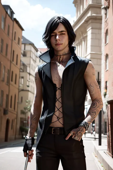 (masterpiece, best quality:1.2), <lyco:dmc_v-12:1.0>, cowboy shot, solo, male focus, 1boy, dmc5v, expressionless, hand in pocket, black hair, sleeveless, pants, fingerless gloves, jewelry, necklace, bracelet, ring