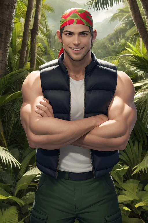 masterpiece, detailed face, highres, ralfkof, 1guy, solo,looking at viewer, view from high, crossed arms, hidden hands, stubble, green vest,sleeveless shirt, green pants, smiling, charming, head bandana, rain forest, semi-realistic, <lora:RalfKOF2:1>