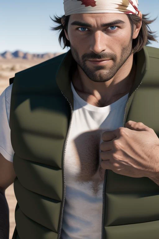 RalfKOF, 1guy, detailed eyes, open eyes, cute face, sweaty, (brown eyes:1.2), head bandana, ((green vest:1.2)), ((white t-shirt:1.2)), necklace,, handsome man,bulge, masterpiece, best quality, highres,closeup, portrait, in a desert, big pectorals, solo, handsome, sexually suggestive, naughty face, detailed eyes,, (hidden hands) <lora:RalfKOF2:1>