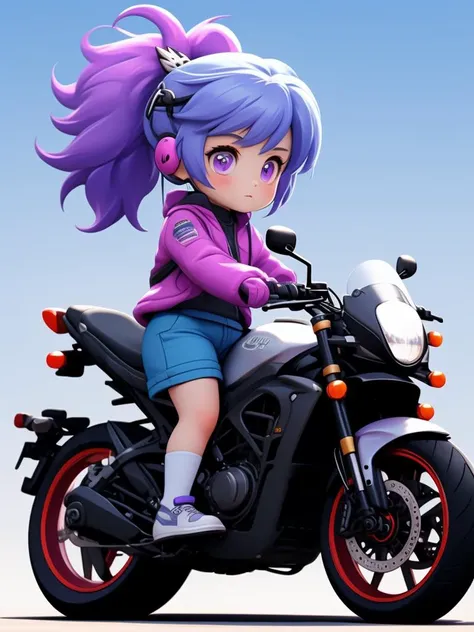 kawj,chibi,1girl, solo, ground vehicle, shorts, motor vehicle, shoes, jacket, earrings, jewelry, multicolored hair, helmet, ponytail, bag, blue hair, gradient hair, helmet removed, blue shorts, sneakers, socks, long sleeves, pink footwear, purple eyes, full body, pink hair, hair ornament, motorcycle, sweater, backpack, pink jacket,