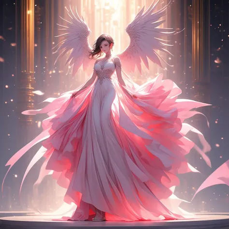 1girl,wings,knee,Embrace chest with both hands,full body,long dress,white pink theme,(((masterpiece,best quality))),((good structure)),((Good composition)), ((clear, original,beautiful))