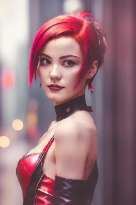 (Award Winning Photo:1.3) of (Masterpiece:1.3),(Hopeless:1.3) beauty woman (red dress) on city street, cyberpunk, short black and pink hair, looking at camera, slight smile, rtx, raw photo, canon 5d, ((real skin)) <lora:Faye_Delib:1>,Highly Detailed,(Cyberpunk Art:1.3),(close portrait:1.3),(Feminine:1.4),(beautiful:1.4),(attractive:1.3),handsome,calendar pose,perfectly detailed eyes,studio lighting,thematic background