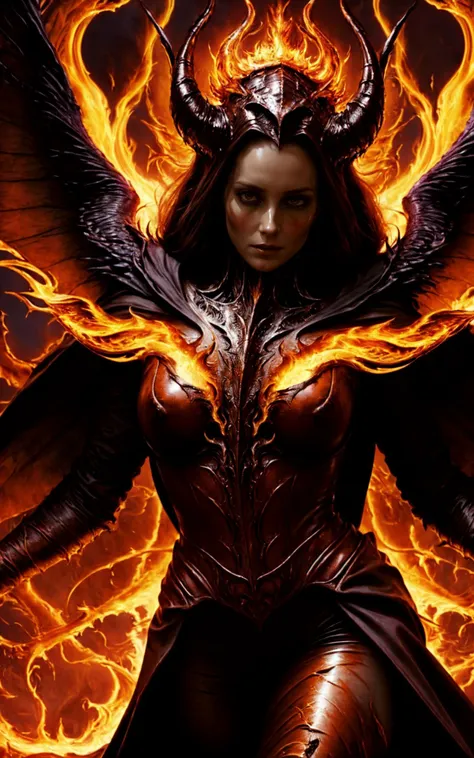 (style of Anne Bachelier:1.3), (mythical cinematic establishing shot of gorgeous woman, highly detailed background:1.2), volumetric lighting, subsurface scattering, dynamic pose, (special effects, color grading, fantasy aura), (Inferno Warlock:1.4), (Medium Covered breasts:0.81), Blazing inferno, demonic pact, fiery gaze, hellish flames