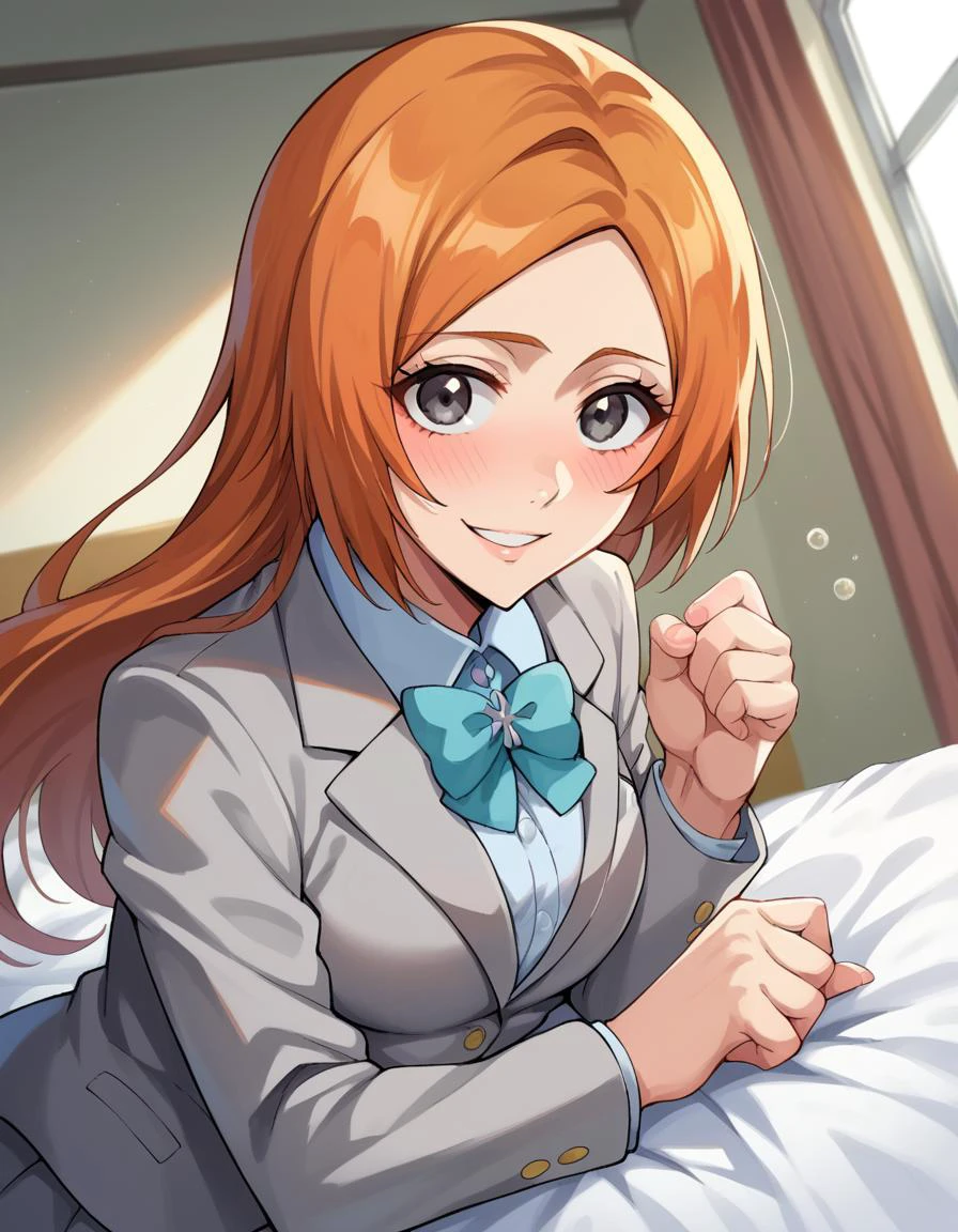 score_9, score_8_up, score_7_up, source_anime,
inoueorihime, <lora:inoue-orihime-ponyxl-lora-nochekaiser:1>,
inoue orihime, long hair, orange hair, grey eyes, smile,
skirt, bow, school uniform, jacket, blazer, grey jacket,
indoors, bed, bed room, on side, blush, drunk,
looking at viewer, cowboy shot, dutch angle, dynamic pose,