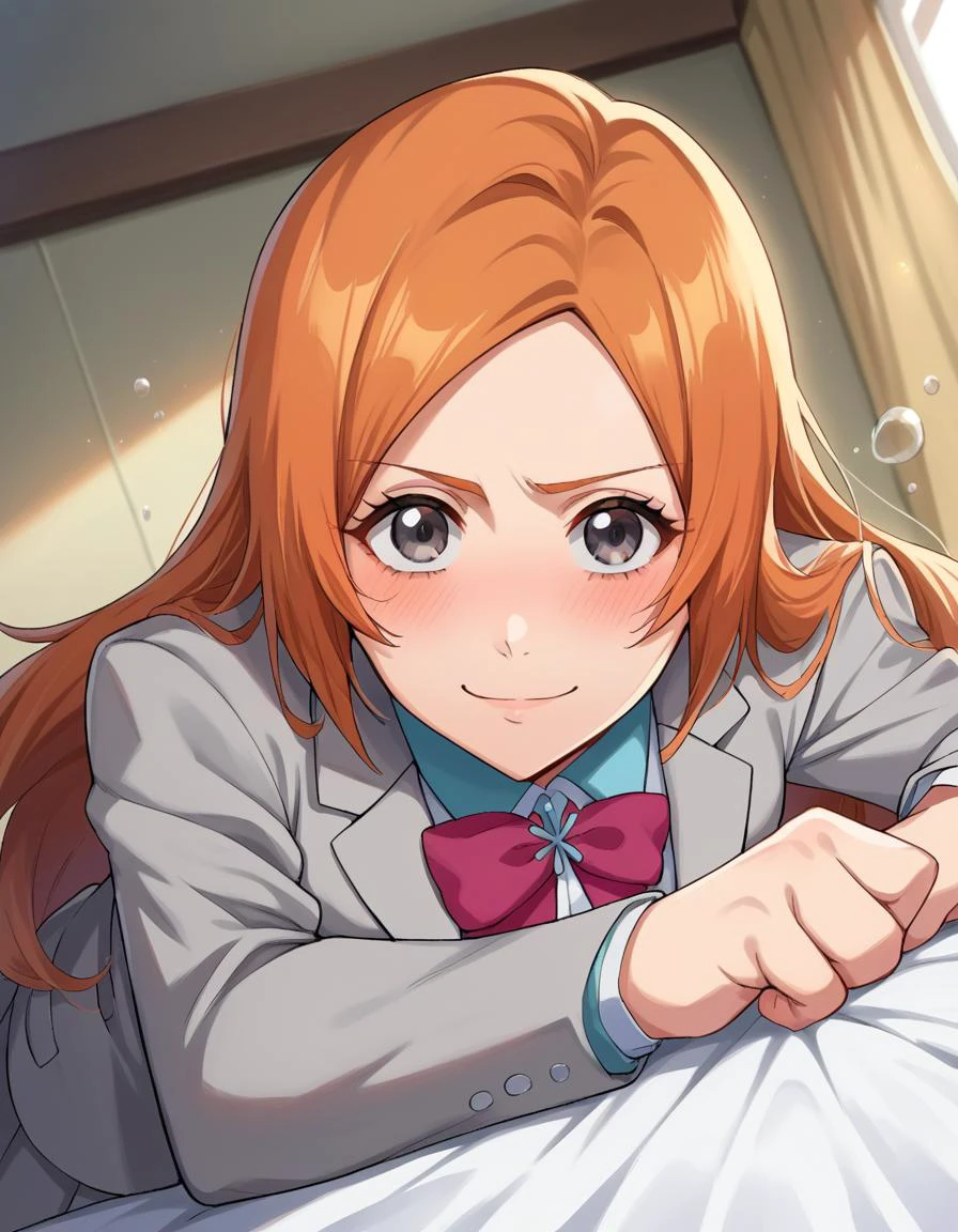 score_9, score_8_up, score_7_up, source_anime,
inoueorihime, <lora:inoue-orihime-ponyxl-lora-nochekaiser:1>,
inoue orihime, long hair, orange hair, grey eyes, smile,
skirt, bow, school uniform, jacket, blazer, grey jacket,
indoors, bed, bed room, on side, blush, drunk,
looking at viewer, cowboy shot, dutch angle, dynamic pose,