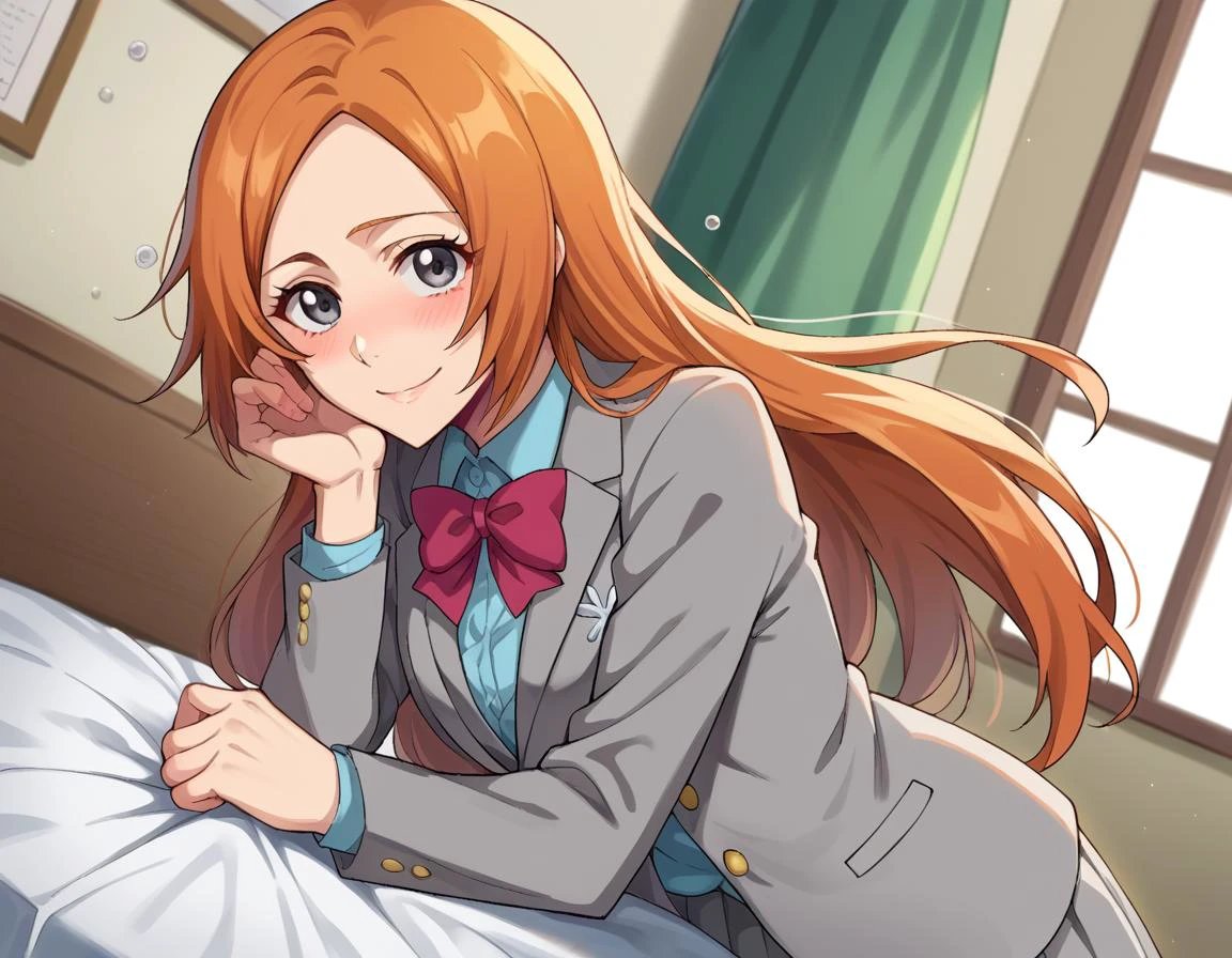 score_9, score_8_up, score_7_up, source_anime,
inoueorihime, <lora:inoue-orihime-ponyxl-lora-nochekaiser:1>,
inoue orihime, long hair, orange hair, grey eyes, smile,
skirt, bow, school uniform, jacket, blazer, grey jacket,
indoors, bed, bed room, on side, blush, drunk,
looking at viewer, cowboy shot, dutch angle, dynamic pose,