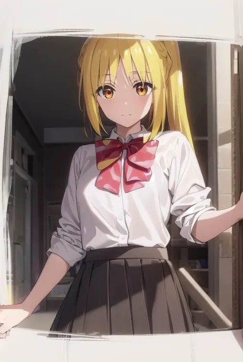 nijikaijichi, <lora:nijika ijichi s1-lora-nochekaiser:1>, 
nijika ijichi, ahoge, (yellow hair:1.5), (brown eyes:1.5), long hair, side ponytail, smile,
BREAK (black skirt:1.5), bow, bowtie, collared shirt, pleated skirt, polka dot, polka dot bow, red bow, (red bowtie:1.5), red footwear, shirt, shoes, short sleeves, skirt, socks, (white shirt:1.5), white socks,
BREAK indoors, classroom,
BREAK looking at viewer, (cowboy shot:1.5), 
BREAK <lyco:GoodHands-beta2:1>, (masterpiece:1.2), best quality, high resolution, unity 8k wallpaper, (illustration:0.8), (beautiful detailed eyes:1.6), extremely detailed face, perfect lighting, extremely detailed CG, (perfect hands, perfect anatomy),