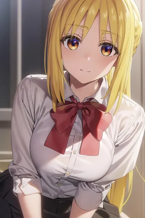 nijikaijichi, <lora:nijika ijichi s1-lora-nochekaiser:1>,
nijika ijichi, ahoge, (yellow hair:1.5), (brown eyes:1.5), long hair, side ponytail, smile,
BREAK (black skirt:1.5), bow, bowtie, collared shirt, pleated skirt, polka dot, polka dot bow, red bow, (red bowtie:1.5), red footwear, shirt, shoes, short sleeves, skirt, socks, (white shirt:1.5), white socks,
BREAK indoors, classroom,
BREAK looking at viewer, (cowboy shot:1.5),
BREAK <lyco:GoodHands-beta2:1>, (masterpiece:1.2), best quality, high resolution, unity 8k wallpaper, (illustration:0.8), (beautiful detailed eyes:1.6), extremely detailed face, perfect lighting, extremely detailed CG, (perfect hands, perfect anatomy),