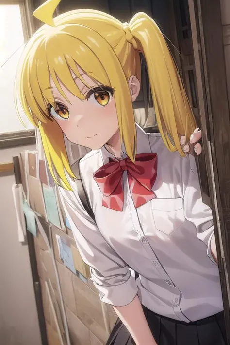 nijikaijichi, <lora:nijika ijichi s1-lora-nochekaiser:1>,
nijika ijichi, ahoge, (yellow hair:1.5), (brown eyes:1.5), long hair, side ponytail, smile,
BREAK (black skirt:1.5), bow, bowtie, collared shirt, pleated skirt, polka dot, polka dot bow, red bow, (red bowtie:1.5), red footwear, shirt, shoes, short sleeves, skirt, socks, (white shirt:1.5), white socks,
BREAK indoors, classroom,
BREAK looking at viewer, (cowboy shot:1.5),
BREAK <lyco:GoodHands-beta2:1>, (masterpiece:1.2), best quality, high resolution, unity 8k wallpaper, (illustration:0.8), (beautiful detailed eyes:1.6), extremely detailed face, perfect lighting, extremely detailed CG, (perfect hands, perfect anatomy),