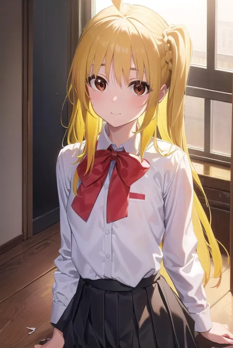 nijikaijichi, <lora:nijikaijichi-lora-nochekaiser:1>, 
nijika ijichi, ahoge, (yellow hair:1.5), (brown eyes:1.5), long hair, one side up, (flat chest:1.2), smile,
BREAK (black skirt:1.5), bow, bowtie, collared shirt, pleated skirt, polka dot, polka dot bow, red bow, (red bowtie:1.5), red footwear, shirt, shoes, short sleeves, skirt, socks, (white shirt:1.5), white socks,
BREAK indoors, classroom,
BREAK looking at viewer, (cowboy shot:1.5), 
BREAK <lyco:GoodHands-beta2:1>, (masterpiece:1.2), best quality, high resolution, unity 8k wallpaper, (illustration:0.8), (beautiful detailed eyes:1.6), extremely detailed face, perfect lighting, extremely detailed CG, (perfect hands, perfect anatomy),