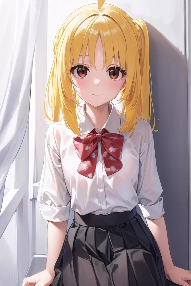 nijikaijichi, <lora:nijikaijichi-lora-nochekaiser:1>,
nijika ijichi, ahoge, (yellow hair:1.5), (brown eyes:1.5), long hair, one side up, (flat chest:1.2), smile,
BREAK (black skirt:1.5), bow, bowtie, collared shirt, pleated skirt, polka dot, polka dot bow, red bow, (red bowtie:1.5), red footwear, shirt, shoes, short sleeves, skirt, socks, (white shirt:1.5), white socks,
BREAK indoors, classroom,
BREAK looking at viewer, (cowboy shot:1.5),
BREAK <lyco:GoodHands-beta2:1>, (masterpiece:1.2), best quality, high resolution, unity 8k wallpaper, (illustration:0.8), (beautiful detailed eyes:1.6), extremely detailed face, perfect lighting, extremely detailed CG, (perfect hands, perfect anatomy),