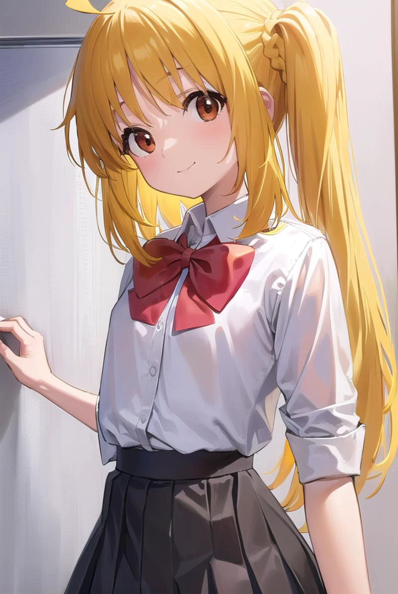 nijikaijichi, <lora:nijikaijichi-lora-nochekaiser:1>,
nijika ijichi, ahoge, (yellow hair:1.5), (brown eyes:1.5), long hair, one side up, (flat chest:1.2), smile,
BREAK (black skirt:1.5), bow, bowtie, collared shirt, pleated skirt, polka dot, polka dot bow, red bow, (red bowtie:1.5), red footwear, shirt, shoes, short sleeves, skirt, socks, (white shirt:1.5), white socks,
BREAK indoors, classroom,
BREAK looking at viewer, (cowboy shot:1.5),
BREAK <lyco:GoodHands-beta2:1>, (masterpiece:1.2), best quality, high resolution, unity 8k wallpaper, (illustration:0.8), (beautiful detailed eyes:1.6), extremely detailed face, perfect lighting, extremely detailed CG, (perfect hands, perfect anatomy),