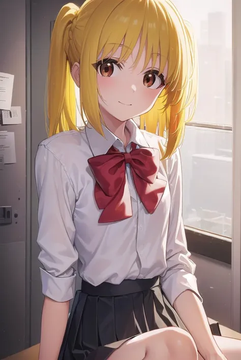 nijikaijichi, <lora:nijikaijichi-lora-nochekaiser:1>, 
nijika ijichi, ahoge, (yellow hair:1.5), (brown eyes:1.5), long hair, one side up, (flat chest:1.2), smile,
BREAK (black skirt:1.5), bow, bowtie, collared shirt, pleated skirt, polka dot, polka dot bow, red bow, (red bowtie:1.5), red footwear, shirt, shoes, short sleeves, skirt, socks, (white shirt:1.5), white socks,
BREAK indoors, classroom,
BREAK looking at viewer, (cowboy shot:1.5), 
BREAK <lyco:GoodHands-beta2:1>, (masterpiece:1.2), best quality, high resolution, unity 8k wallpaper, (illustration:0.8), (beautiful detailed eyes:1.6), extremely detailed face, perfect lighting, extremely detailed CG, (perfect hands, perfect anatomy),