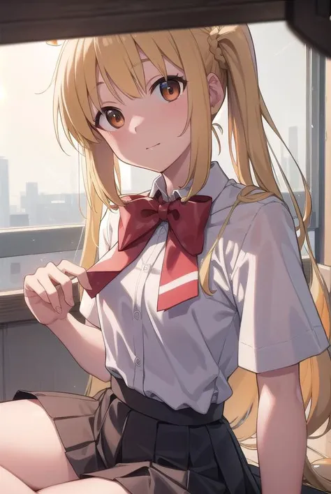 nijikaijichi, <lora:nijikaijichitest:1>, nijika ijichi, ahoge, blonde hair, (brown eyes:1.5), long hair, one side up,
BREAK black skirt, bow, bowtie, collared shirt, pleated skirt, polka dot, polka dot bow, red bow, red bowtie, red footwear, shirt, shoes, short sleeves, skirt, socks, white shirt, white socks,
BREAK looking at viewer,
BREAK indoors, classroom,
BREAK <lora:GoodHands-vanilla:1>, (masterpiece:1.2), best quality, high resolution, unity 8k wallpaper, (illustration:0.8), (beautiful detailed eyes:1.6), extremely detailed face, perfect lighting, extremely detailed CG, (perfect hands, perfect anatomy),