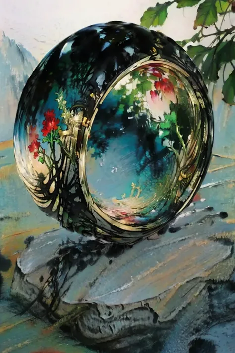 Chinese ink painting, (Glass ring:1.3), masterpiece, best quality, landscape, (style of Carne Griffiths:1.3), (masterpiece, best quality:1.5), Tahitian pareu, Shopping mall, Clear skies, <lora:RingArt_Sora:0.8>