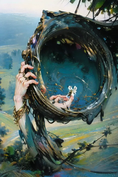 (Glass ring:1.3), masterpiece, best quality, landscape, (style of Carne Griffiths:1.3), (masterpiece, best quality:1.5), Tahitian pareu, Shopping mall, Clear skies, <lora:RingArt_Sora:0.8>