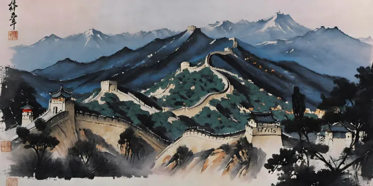 chinese ink painting, traditional media, liujiyou, great wall, mountain
