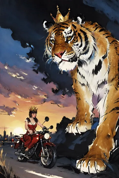 (masterpiece),(best quality),1girl riding tiger, crown, golden straples dress, road, ((city))
