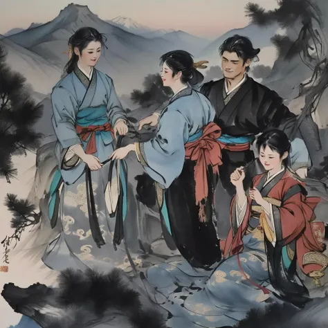 Chinese ink painting, traditional media, liujiyou,1 girl and a 1 boy,mountain, river, hanfu