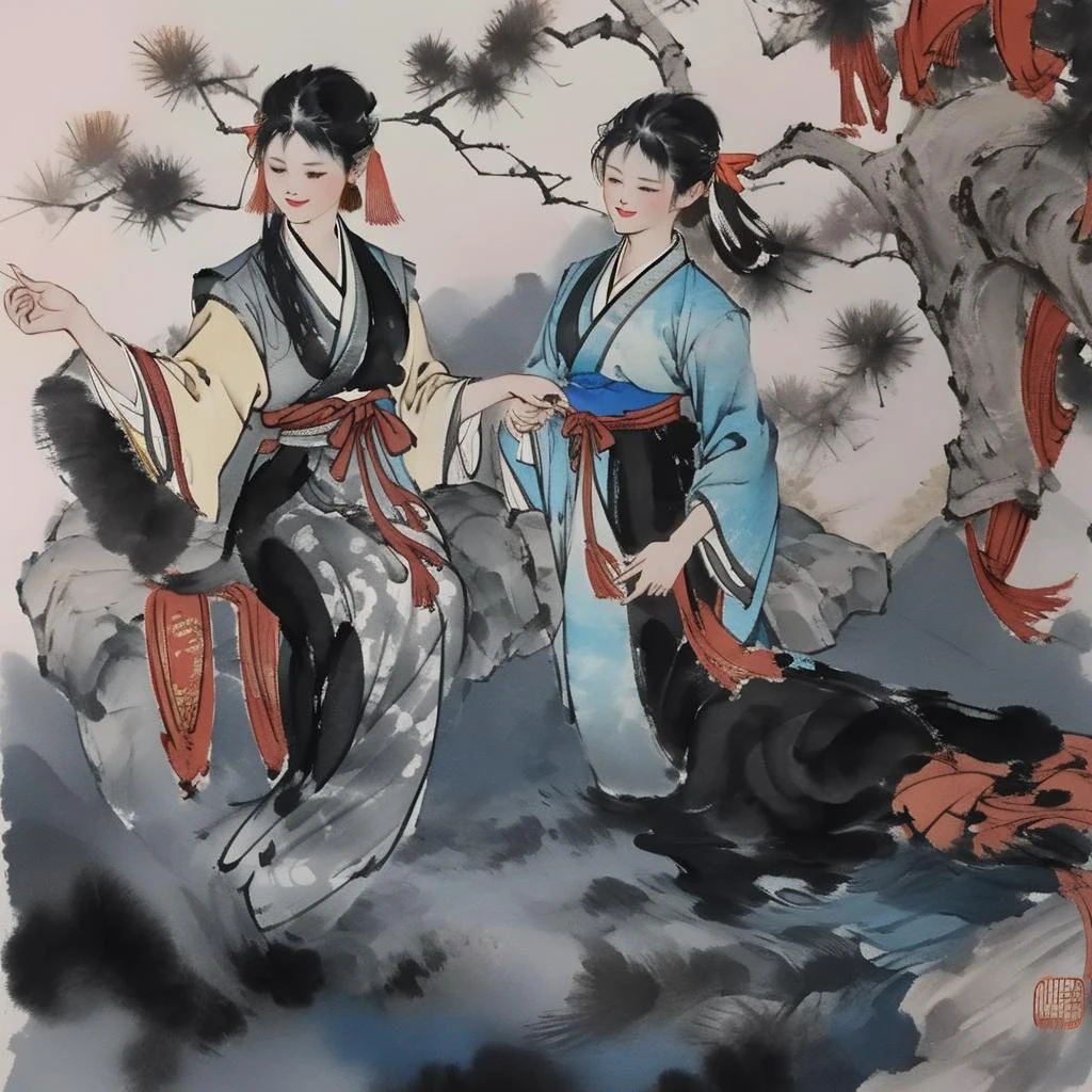 Chinese ink painting, traditional media, liujiyou,1 girl and a 1 boy,mountain, river, hanfu