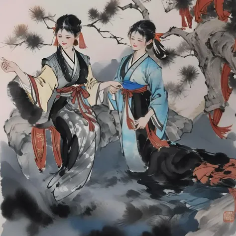 Chinese ink painting, traditional media, liujiyou,1 girl and a 1 boy,mountain, river, hanfu