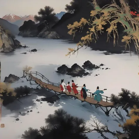 Chinese ink painting, traditional media, liujiyou,1 girl and a 1 boy,mountain, river, hanfu