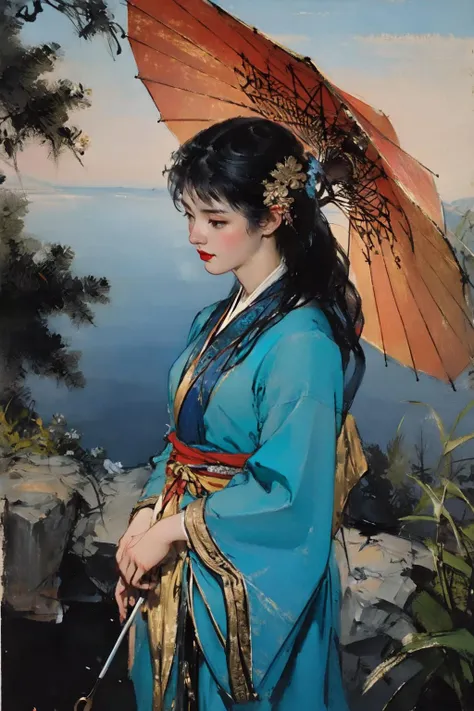 chinese in painting, (masterpiece),(best quality),1girlï¼hanfu, lake, boad, oil-paper umbrella,