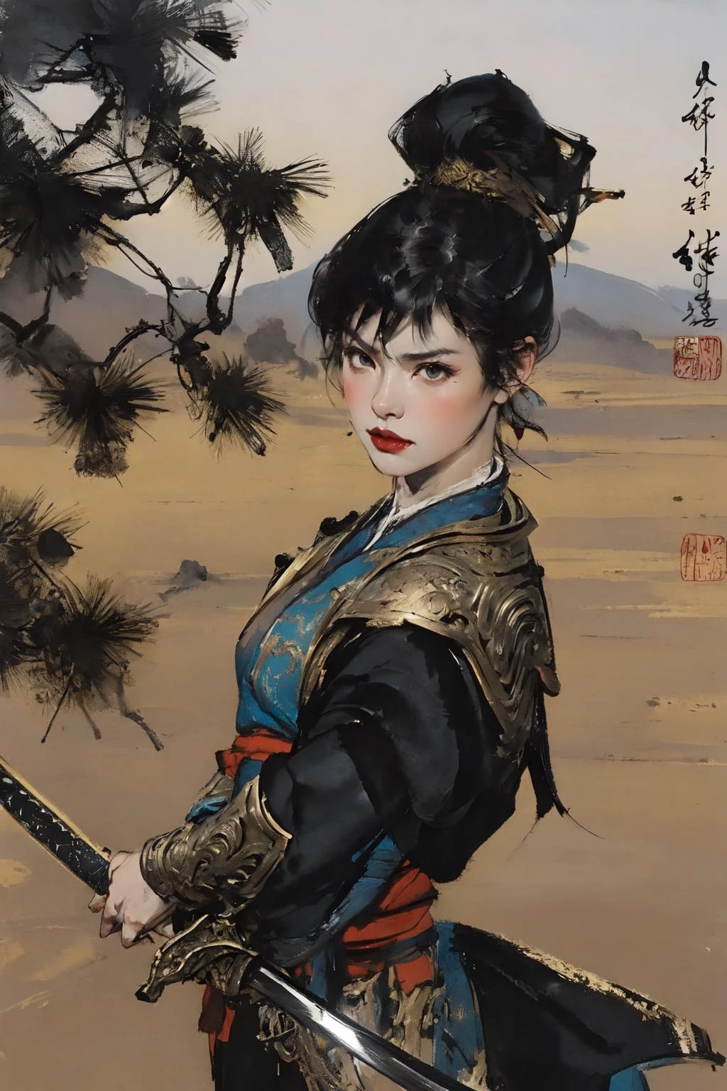 chinese ink painting, masterpiece, best quality, 1 girl, cool, angry, short hair, Chinese armorï¼sword, desertï¼ army,