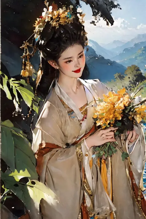 (zanhua), 1 girl, smile, upper body, black eyes, flower on head, hanfu, ruqun , holding flowers, tang dynasty, bamboo forest,Stone bench,Stone table,musical instrument,grassland,earth,rivers,Far Mountains,Birds and beasts,happy <lora:zanhua_v1:0.8>