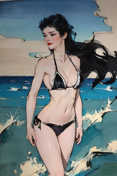 chinese ink painting, masterpiece, best quality, 1 girl, bikini, seaside, wave ,swimming,