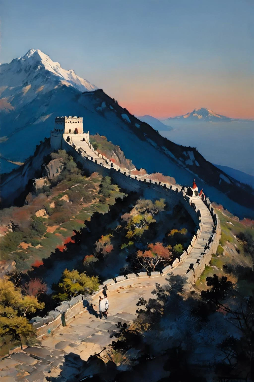 chinese ink painting, masterpiece , best quality, mountainï¼ great wallï¼lake
