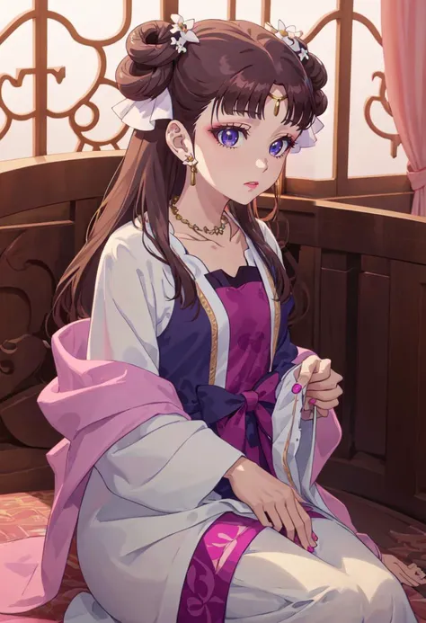best quality, masterpiece, highres, solo, (lishu_theapothecarydiaries:1.10), 1girl, necklace, flower, makeup, double bun, anime_style, 1 <lora:lishu_theapothecarydiaries:0.80>