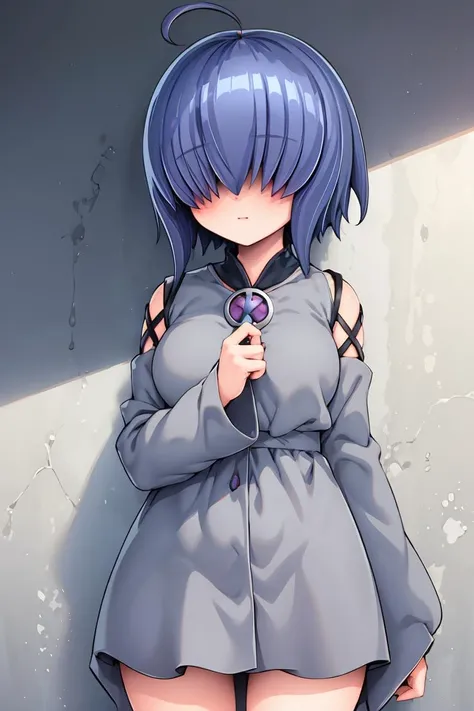 (masterpiece, best quality), 1girl, <lora:LoRA_Mekakure:1> Mekakure, blush, purple hair, hair over eyes, short hair, ahoge, blue hair, covered eyes