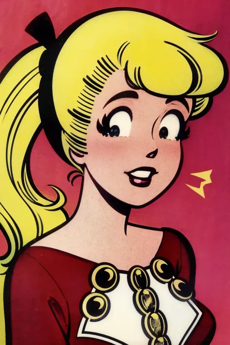 masterpiece, best quality, 1girl, betty, blonde hair, ponytail, red dress, closeup, solo, simple background, 1980s \(style\) <lora:Betty:1>