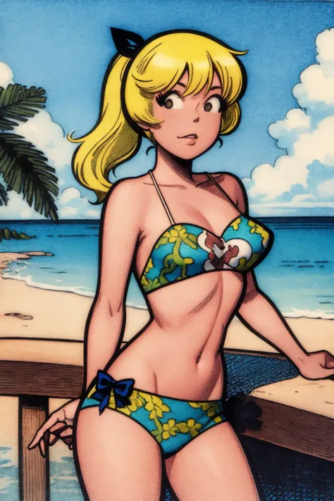 masterpiece, best quality, 1girl, betty, blonde hair, ponytail, bikini, standing, looking at viewer, solo, sea, sand, blue sky, tropical island background, traditional media <lora:Betty:1>