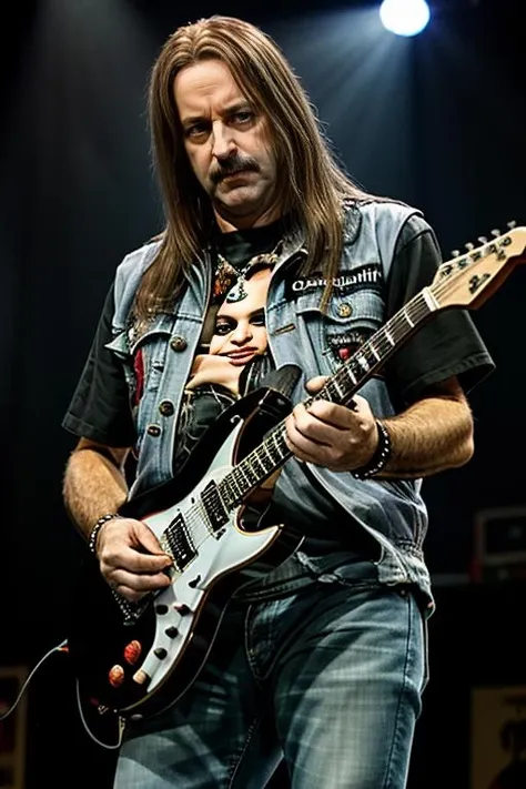 Eddie The Head zombie From Iron Maiden, playing RPG, dressed with Ronnie James Dio rock band cloth, t-shirt
