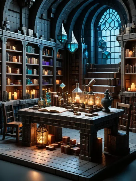 A wizard's library with books, potions, and magical artifacts all crafted from ral-3dcubes, in a mystical chamber <lora:ral-3dcubes:1> <lora:EnvyBetterHiresFixXL01:0:hr=1>