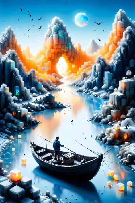 ral-3dcubes,<lora:ral-3dcubes-sdxl:1>,ral-opal,<lora:ral-opal-sdxl:0.8>,
Chinese ink painting,
Birds in a thousand mountains fly away,and people in ten thousand paths disappear,
A lone boat sasquatch,fishing alone in the cold river snow,