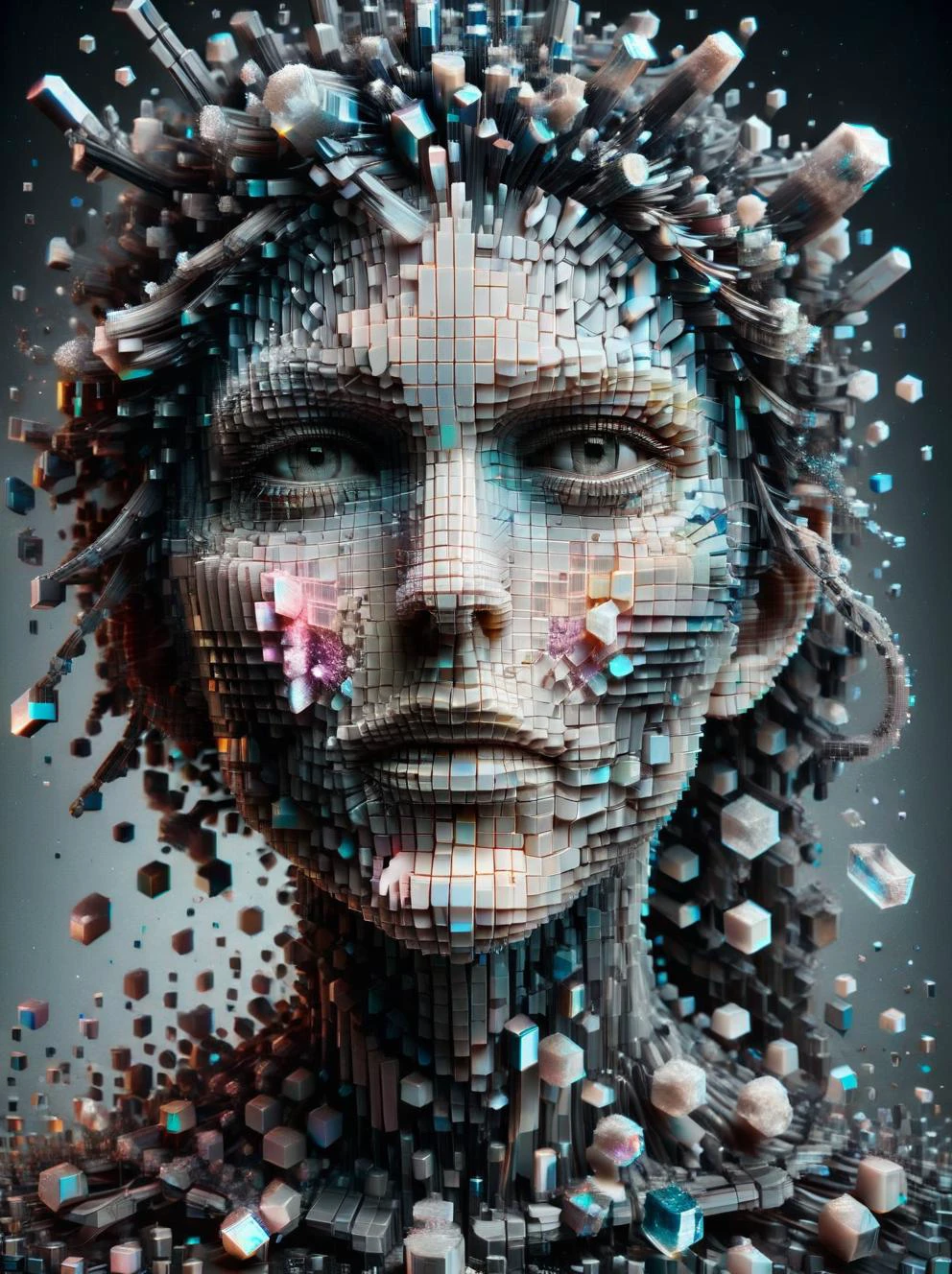 1girl, intricate details, <lora:ral-3dcubes:1.2>, ral-3dcubes, <lora:disintegrating:0.6> , disintegrating, <lora:crystalz:0.75>, crystalz