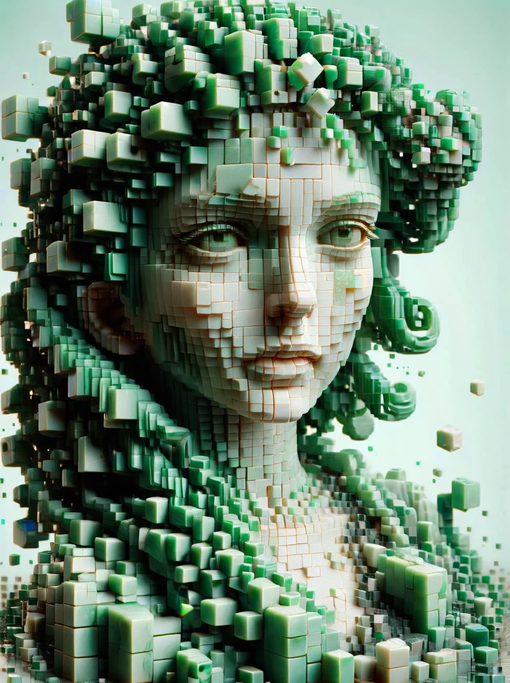 1girl, made of jade, intricate details, <lora:ral-3dcubes:1.2>, ral-3dcubes, <lora:disintegrating:0.6> , disintegrating, <lora:jade:0.75>,