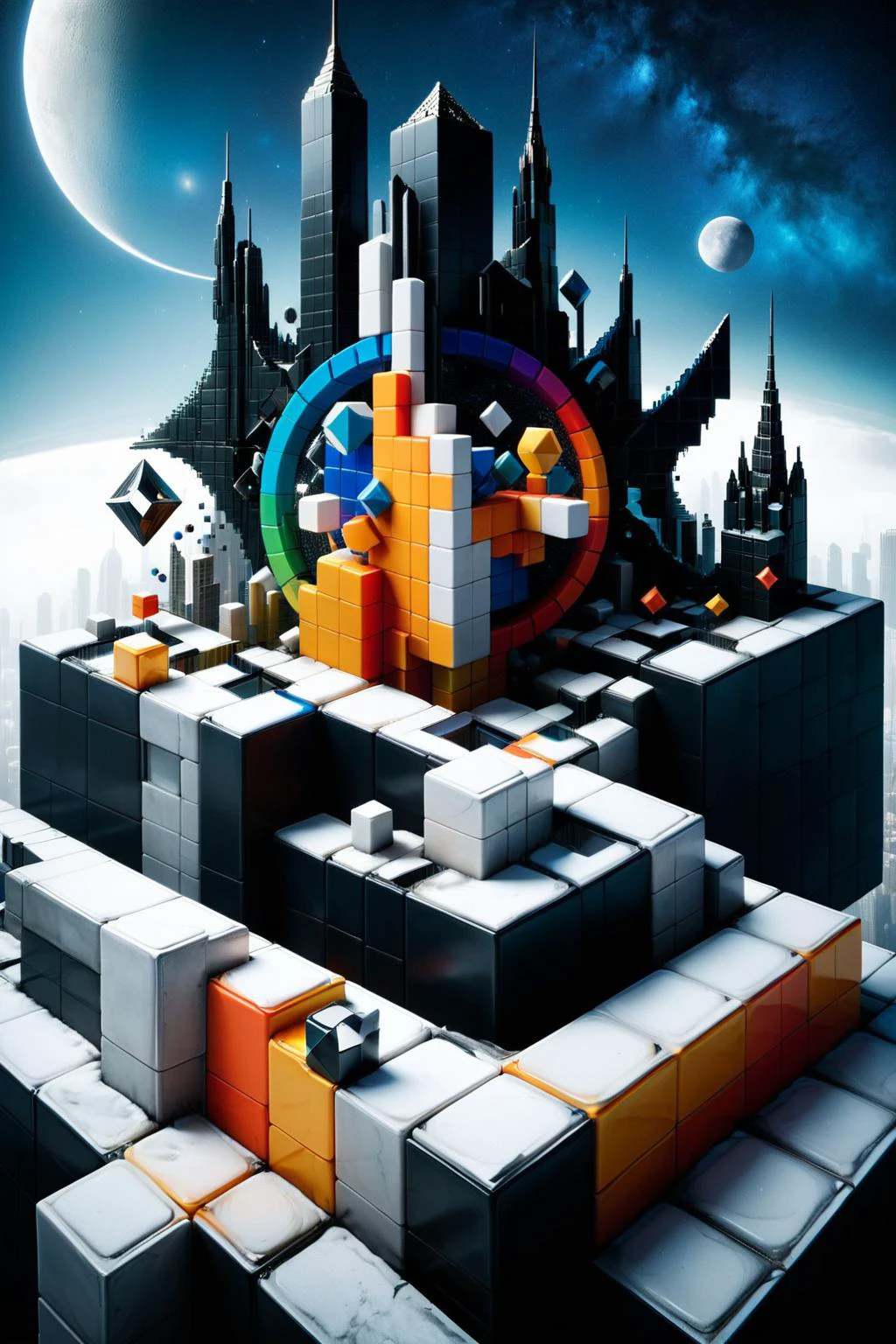 ral-3dcubes,<lora:ral-3dcubes-sdxl:1>,d3qck artstyle,<lora:d3qck_artstyle:0.65>,
Abstract,deconstructive,made up of mold colonies,is colorful and full of life,
Gerald Brom,In a world where geometry reigns supreme,a cityscape unfolds with kaleidoscopic brilliance. Skyscrapers composed of interlocking shapes - triangles,circles,squares - each a different vivid hue,stand in harmonious contradiction. The streets are a labyrinth of color-block patterns,pulsating with the vibrant life of its inhabitants. Here,the geometry is alive,constantly shifting and rearranging in a symphony of forms and shades. The sky itself is a canvas of mathematical perfection,with clouds forming fractal patterns that mirror the city below. This is a place where Euclidean and non-Euclidean geometries coexist,a utopia for those who find beauty in angles and edges,in the vivid play of color and form. Edvard Munch style,dark,moody,dark fantasy style,