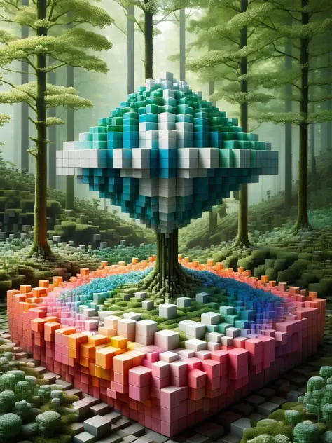 A radiant bloom of ral-3dcubes, resembling a pixelated flower garden, blooming amidst a tranquil forest of moss-covered trees <lora:ral-3dcubes:1> <lora:EnvyBetterHiresFixXL01:0:hr=1>