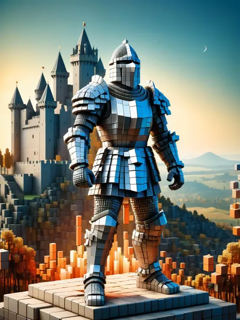 A ral-3dcubes knight in shimmering armor, poised for battle in a medieval landscape with a cubist-style castle in the background <lora:ral-3dcubes:1> <lora:EnvyBetterHiresFixXL01:0:hr=1>