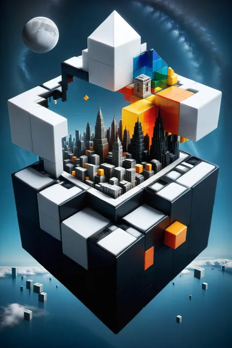 ral-3dcubes,<lora:ral-3dcubes-sdxl:1>,d3qck artstyle,<lora:d3qck_artstyle:0.65>,
Abstract,deconstructive,made up of mold colonies,is colorful and full of life,
art by escher,<lora:Escher_SDXL:0.7>,
Gerald Brom,In a world where geometry reigns supreme,a cityscape unfolds with kaleidoscopic brilliance. Skyscrapers composed of interlocking shapes - triangles,circles,squares - each a different vivid hue,stand in harmonious contradiction. The streets are a labyrinth of color-block patterns,pulsating with the vibrant life of its inhabitants. Here,the geometry is alive,constantly shifting and rearranging in a symphony of forms and shades. The sky itself is a canvas of mathematical perfection,with clouds forming fractal patterns that mirror the city below. This is a place where Euclidean and non-Euclidean geometries coexist,a utopia for those who find beauty in angles and edges,in the vivid play of color and form. Edvard Munch style,dark,moody,dark fantasy style,